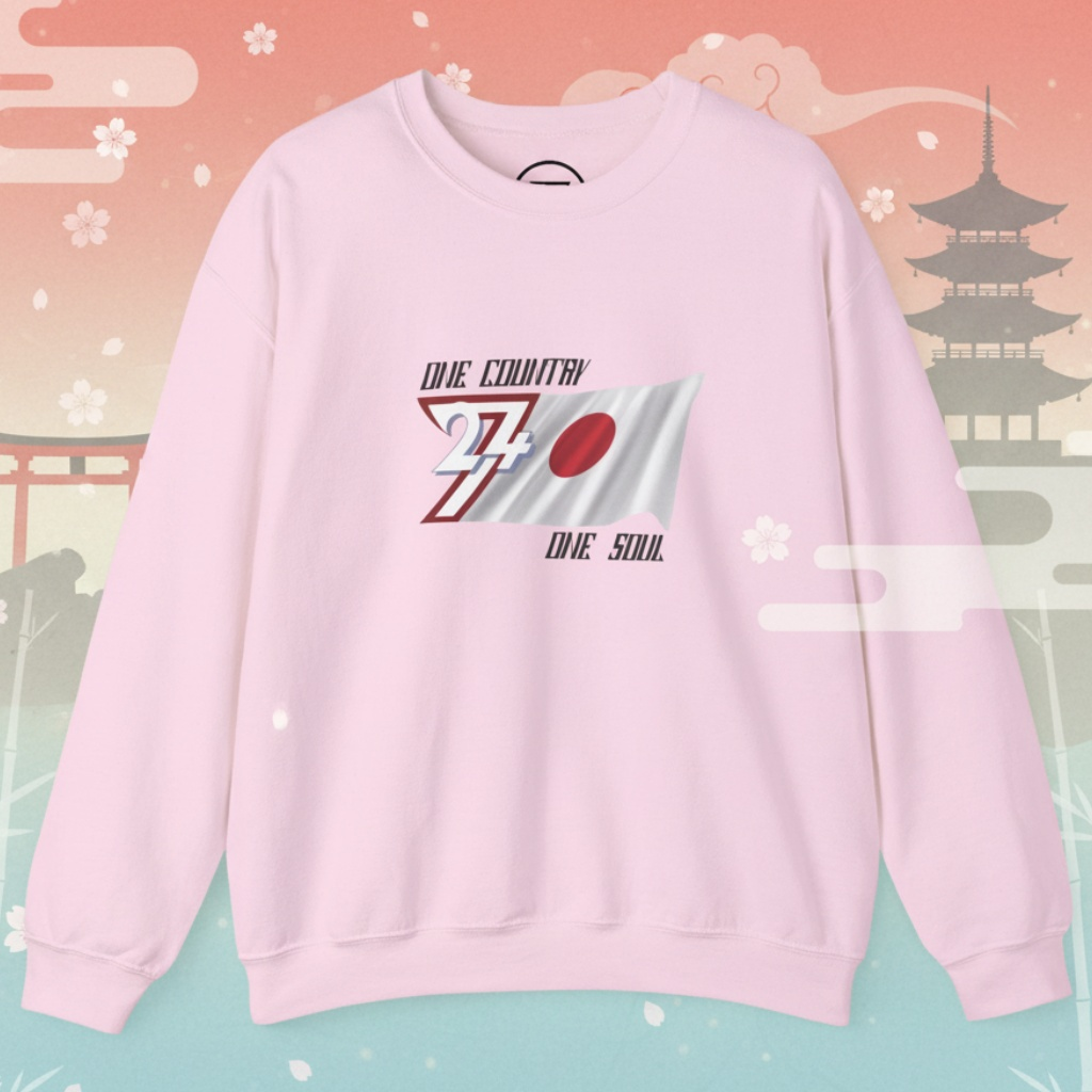 Pink Japan Flag crewneck sweatshirt with hand-drawn vibrant national flag design and travel-inspired graphics