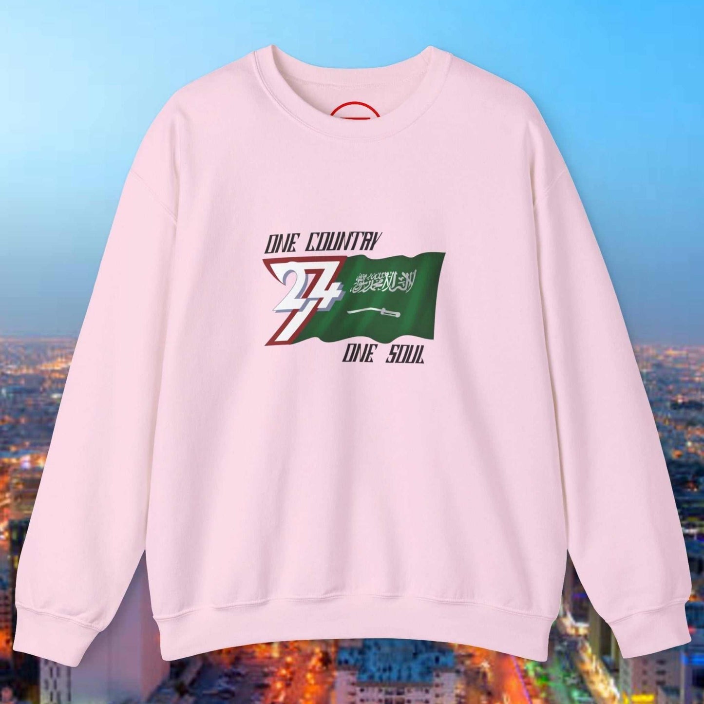 Pink Saudi Arabia Flag Crewneck Sweatshirt with hand-drawn green flag and "One Country One Soul" text design
