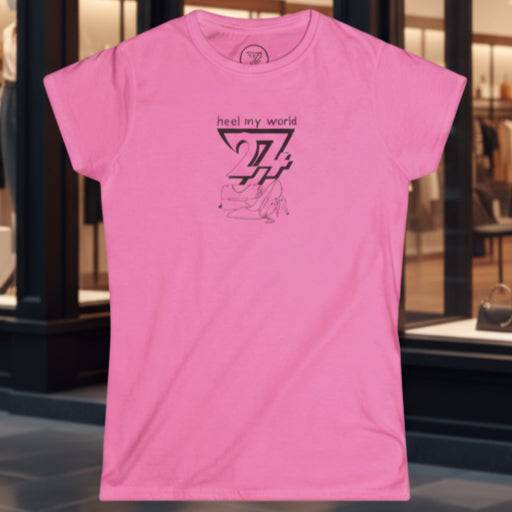 Pink graphic tee for women with heal my world quote, handbag and high heels outline design