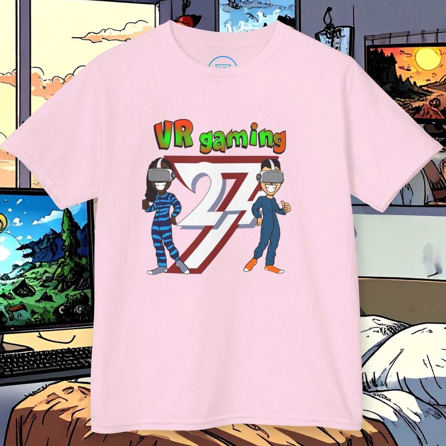 Pink kids VR gaming tee with cartoon characters wearing VR headsets and colorful "VR gaming" text on chest