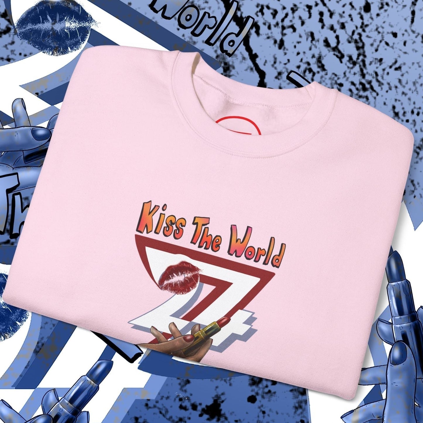 Pink sweatshirt with bold lipstick design and "Kiss The World" text for women