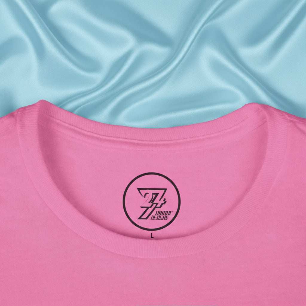 Pink t-shirt for women with unique 24/7 bold text design and ribbed knit collar.