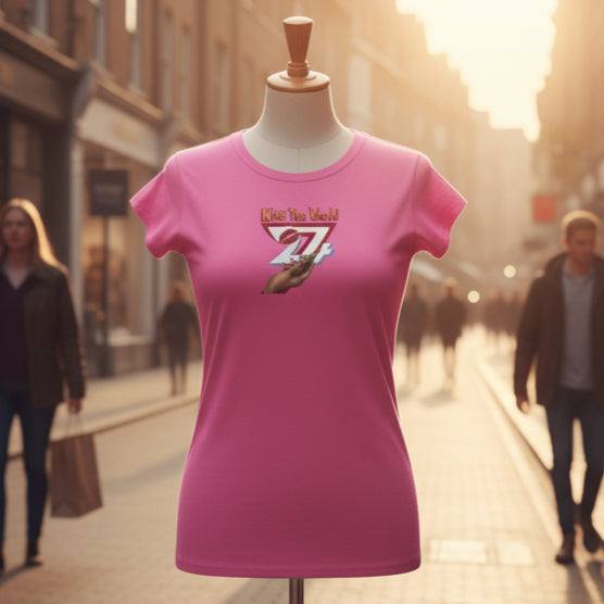 Pink women unique tee with lipstick holding hand design and "Kiss The World" text