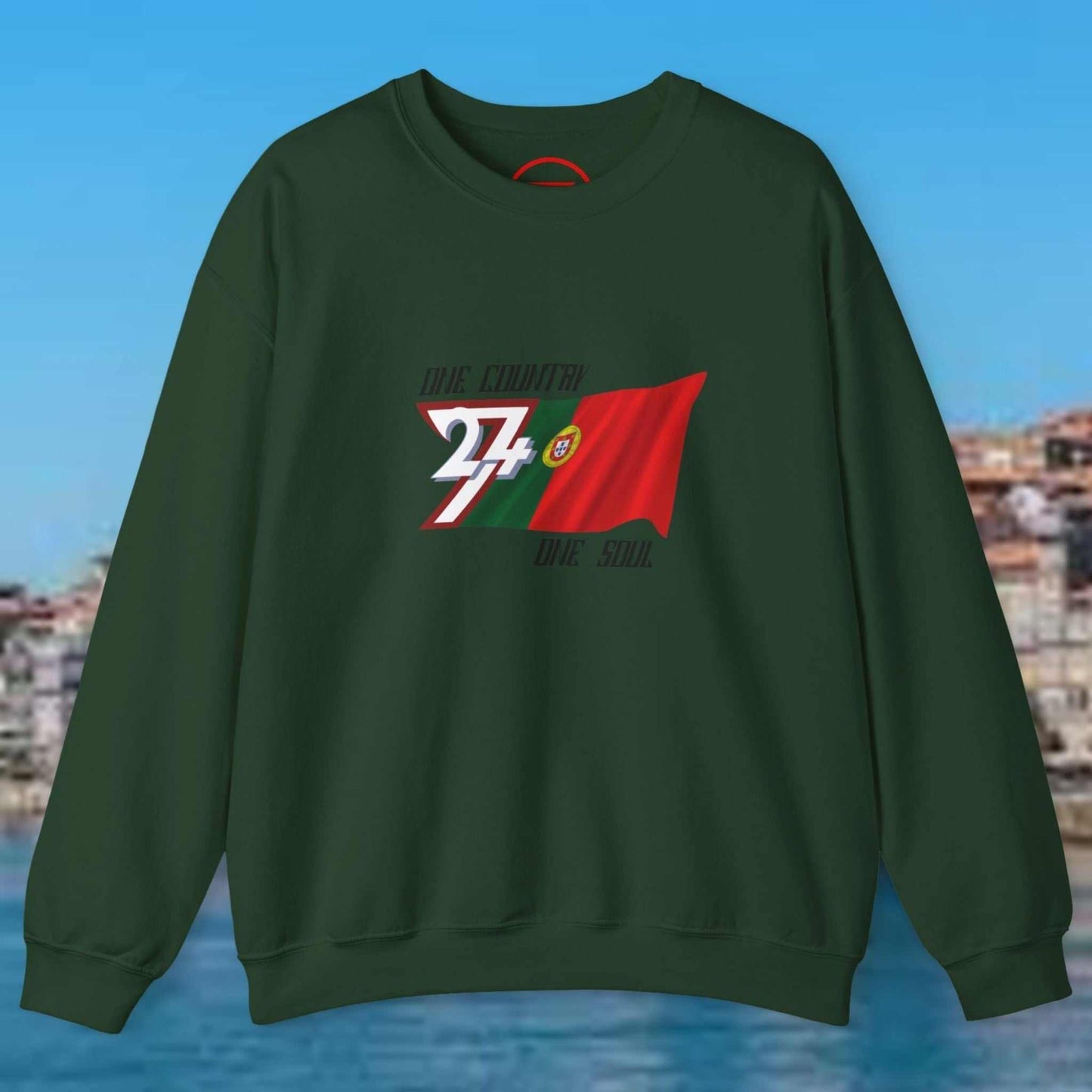 Portugal Flag Sweatshirt green crewneck with hand-drawn Portuguese flag and football design, comfortable cotton-poly blend jumper