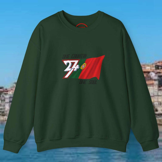 Portugal Flag Sweatshirt green crewneck with hand-drawn Portuguese flag and football design, comfortable cotton-poly blend jumper