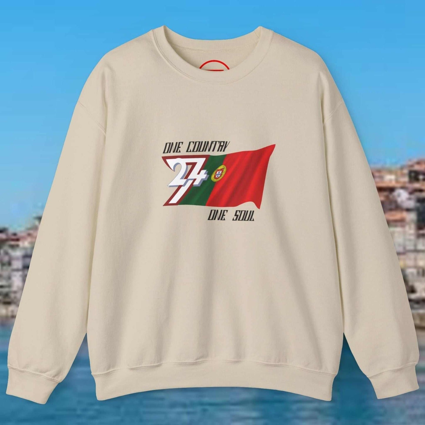 Portugal Flag Sweatshirt with hand-drawn vibrant football World Cup design on cream crewneck jumper
