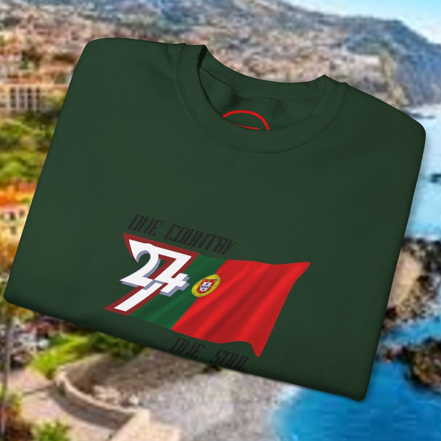 Portugal Flag Sweatshirt with vibrant hand-drawn soccer-themed design on dark green crewneck jumper