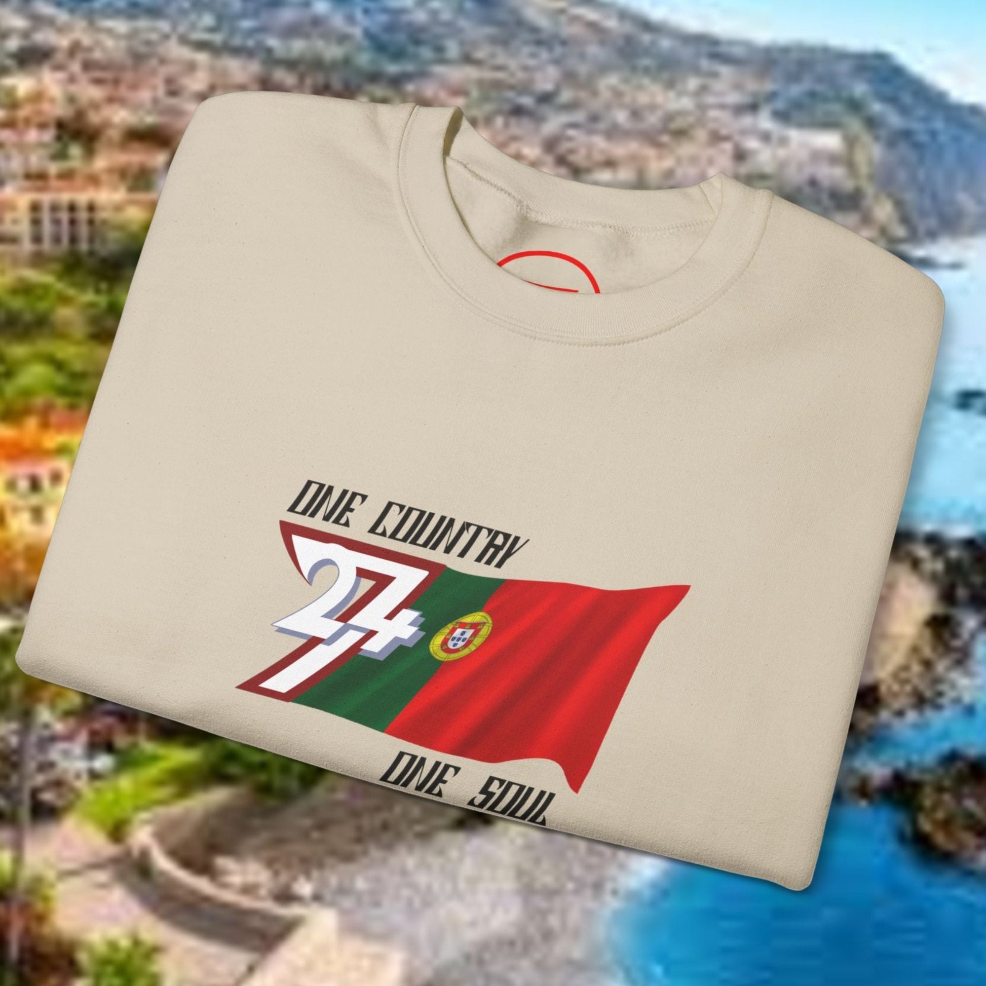 Portugal flag sweatshirt with hand-drawn football World Cup design, cream crewneck jumper featuring vibrant Portuguese flag graphics.