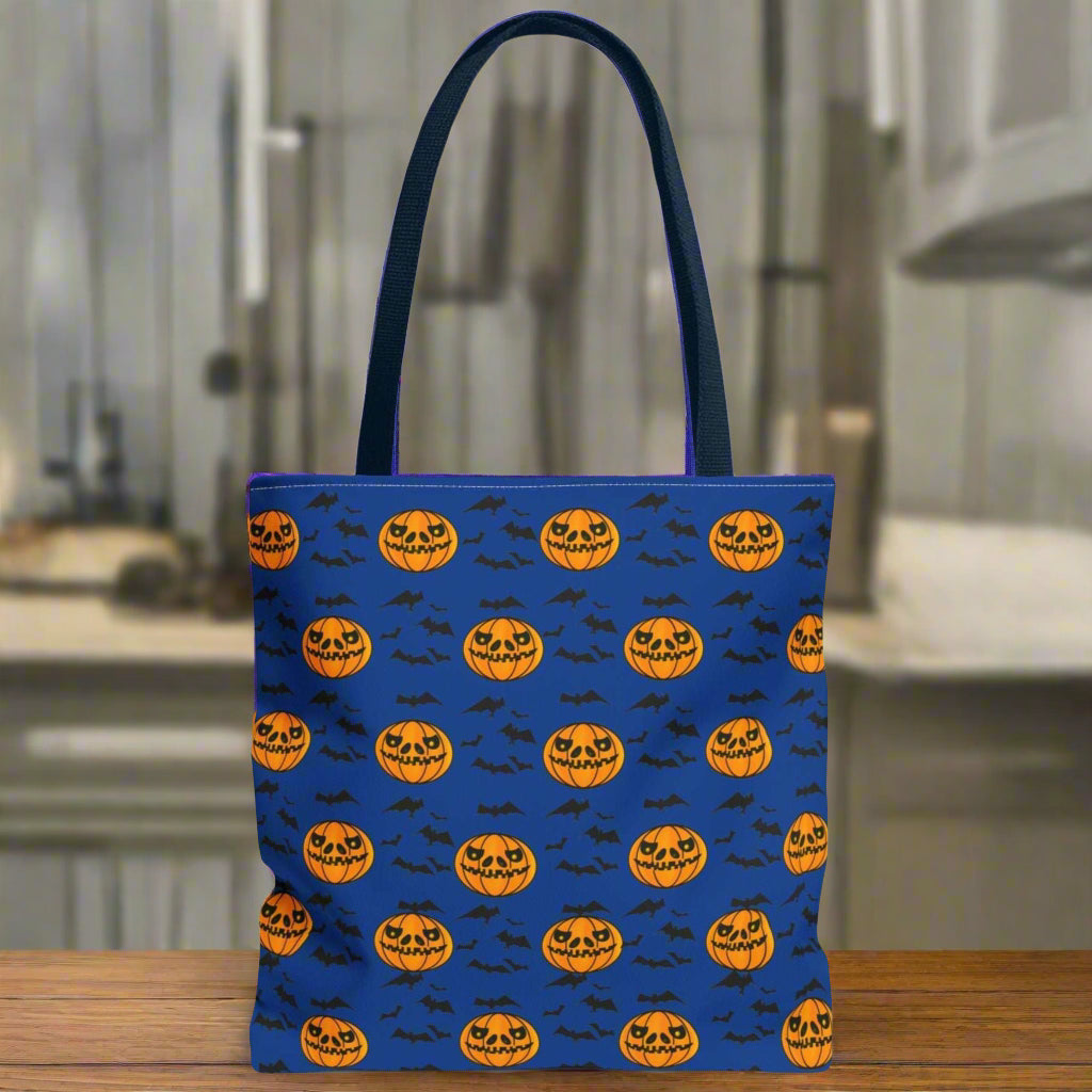 Pumpkins and Bats Halloween Tote Bag large navy handle
