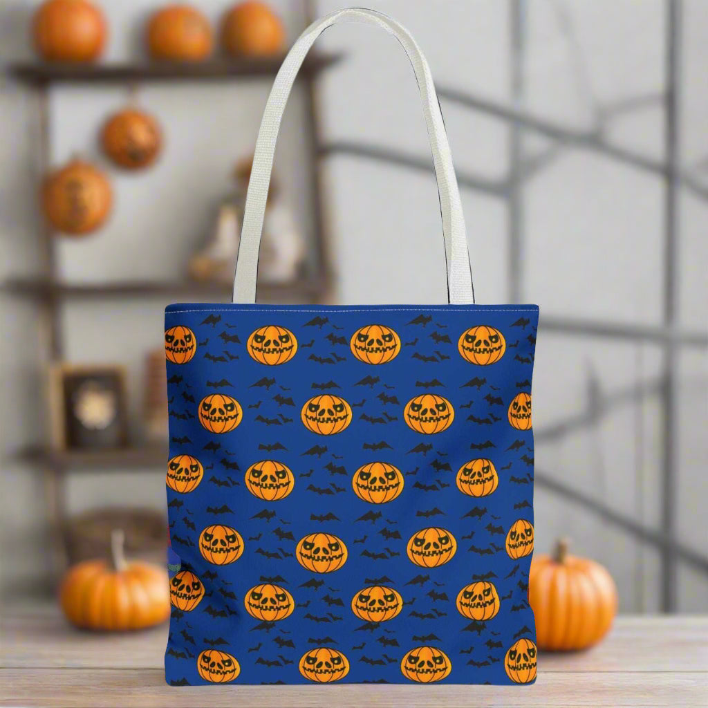 Pumpkins and Bats Halloween Tote Bag large white handle