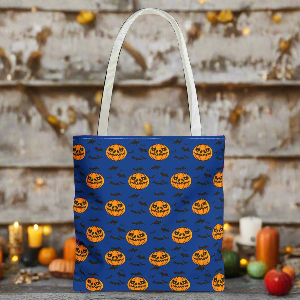 Pumpkins and Bats Halloween Tote Bag medium white handle