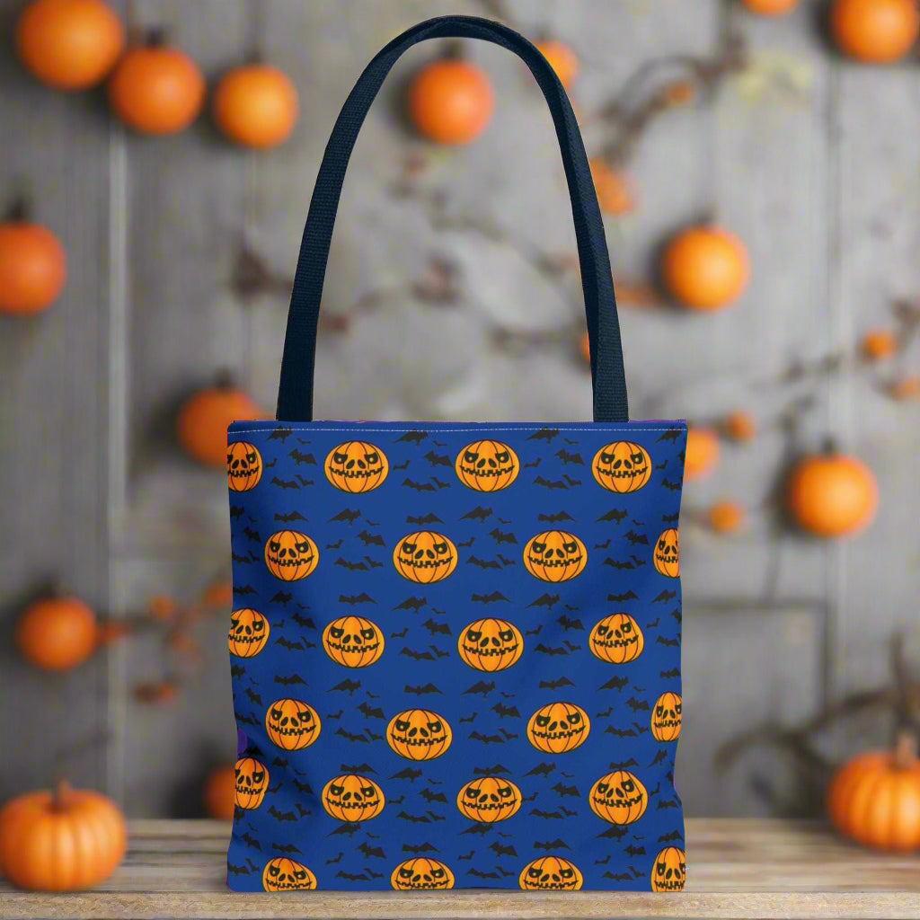Pumpkins and Bats Halloween Tote Bag  small navy handle