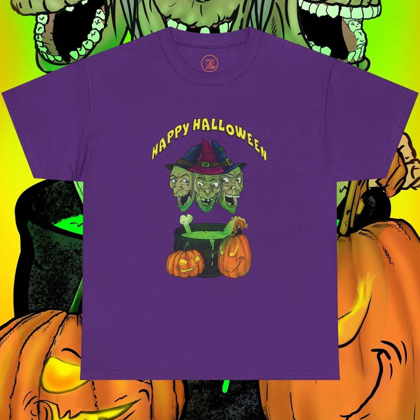 Purple Halloween witches tee with funny cartoon design and pumpkins, vibrant colors, spooky theme