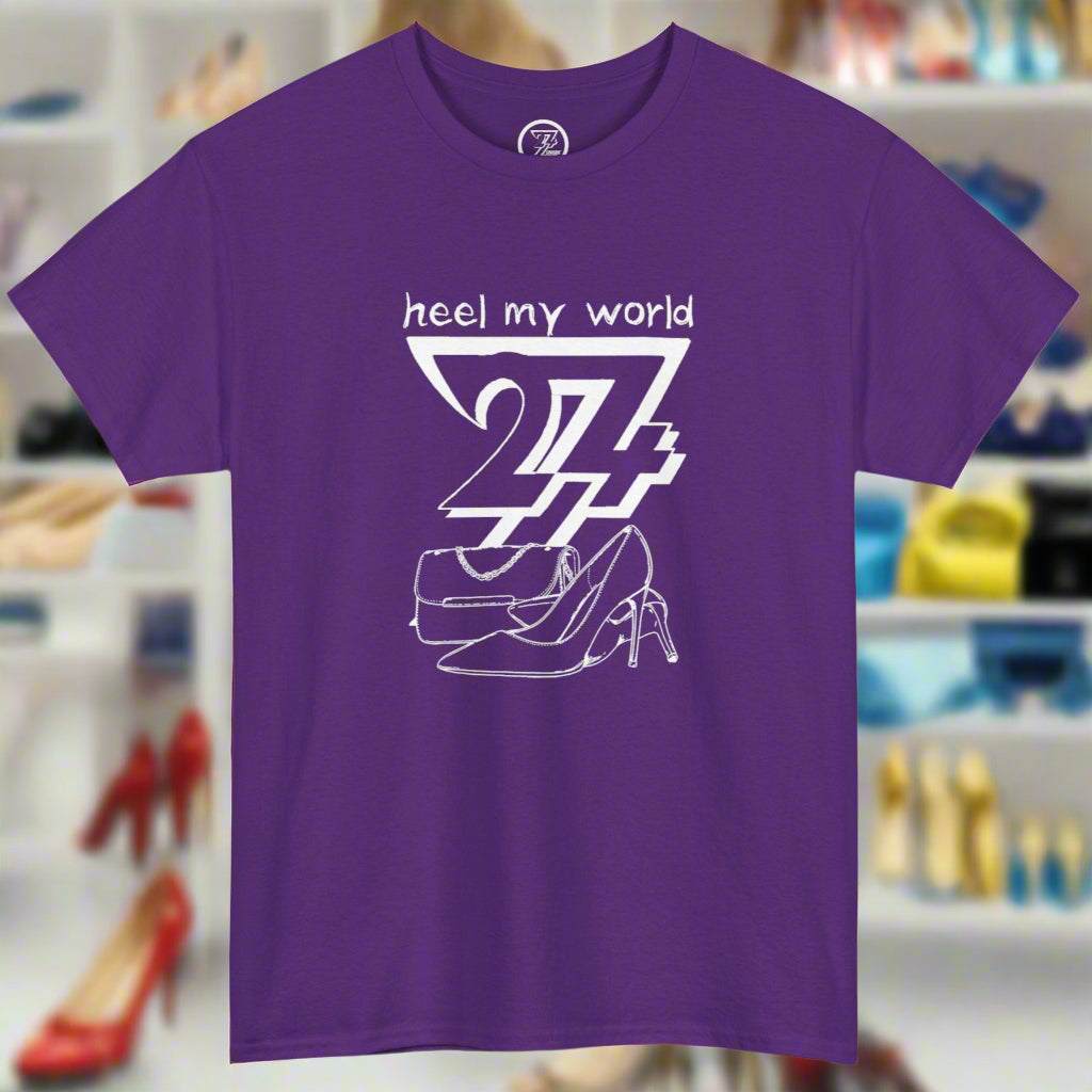 Purple art t-shirt with "heel my world" quote and high heel graphic, unisex casual tee