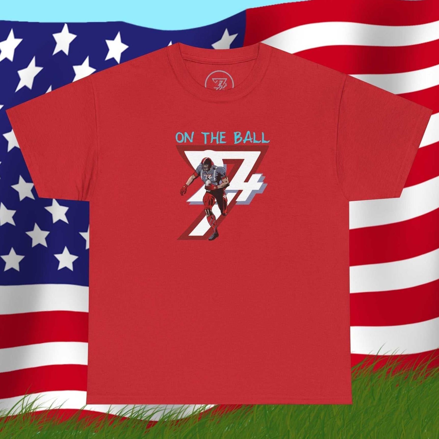 Red American Football Tee with hand-drawn comic-style player graphic and "On The Ball" text on chest