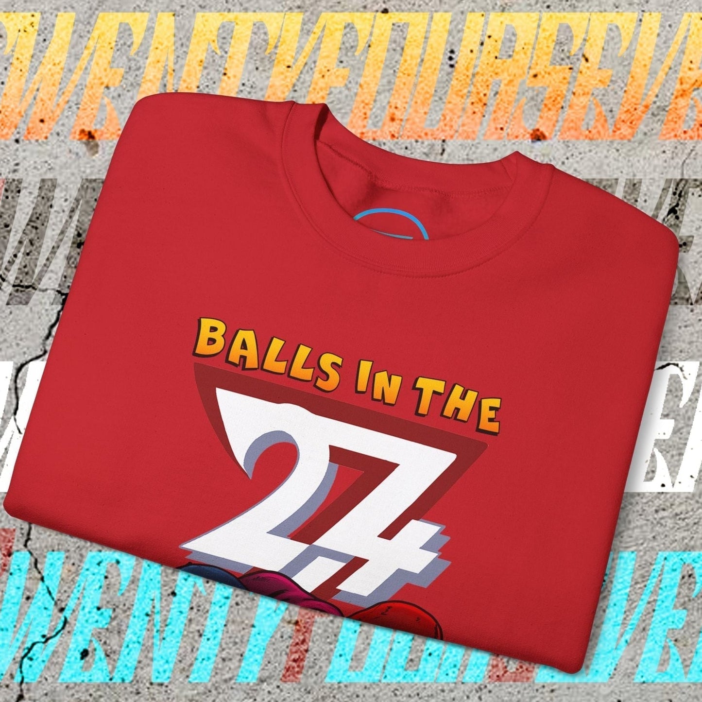 Red Balls In The Hood Sweatshirt with 24/7 sports-themed graphic and urban streetwear style design