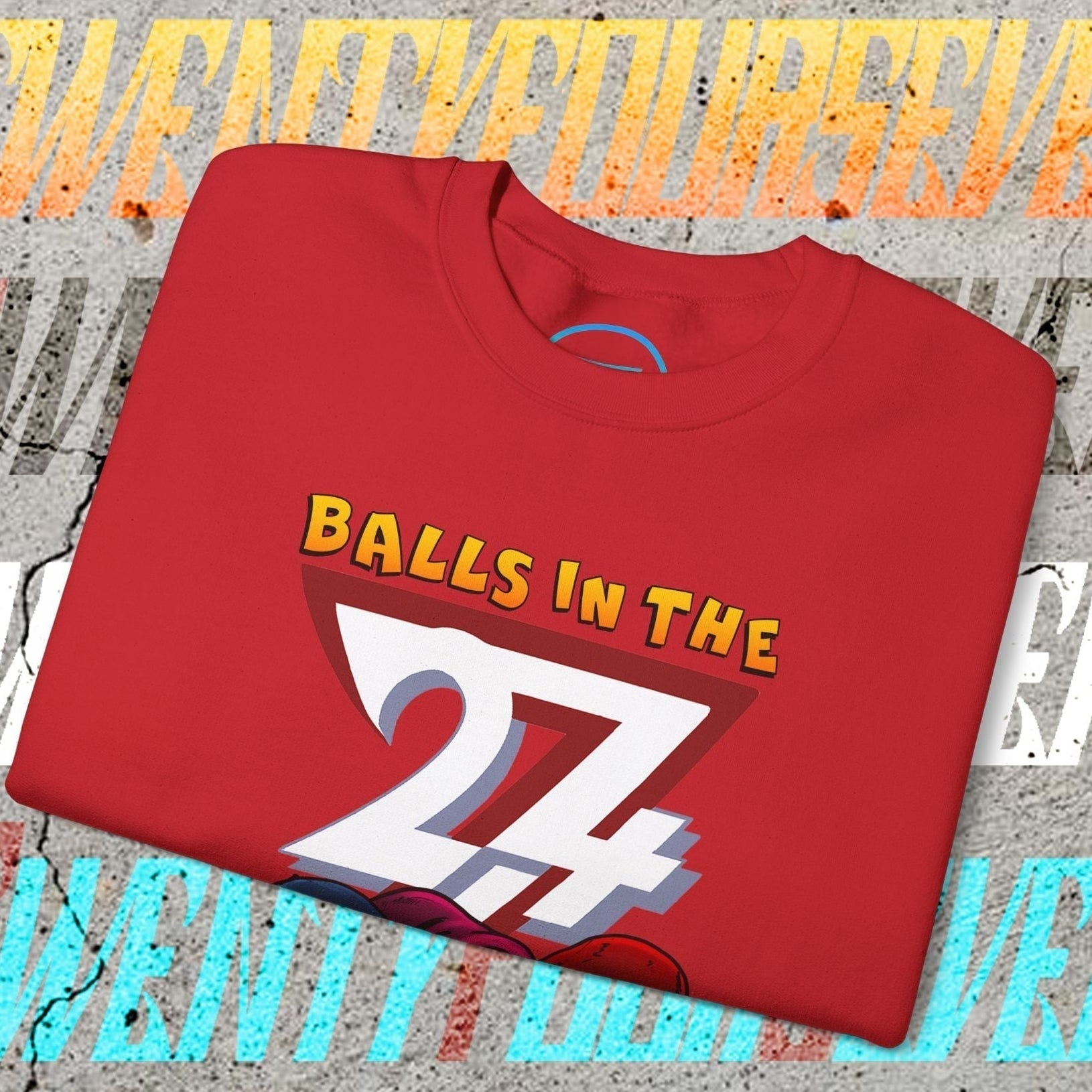 Red Balls In The Hood Sweatshirt with 24/7 sports-themed graphic and urban streetwear style design