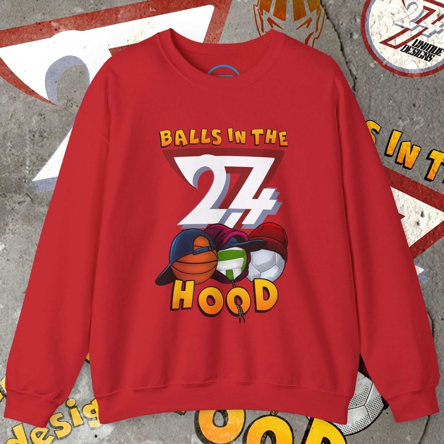 Red Balls In The Hood sweatshirt with basketball, football, and volleyball urban streetwear design.