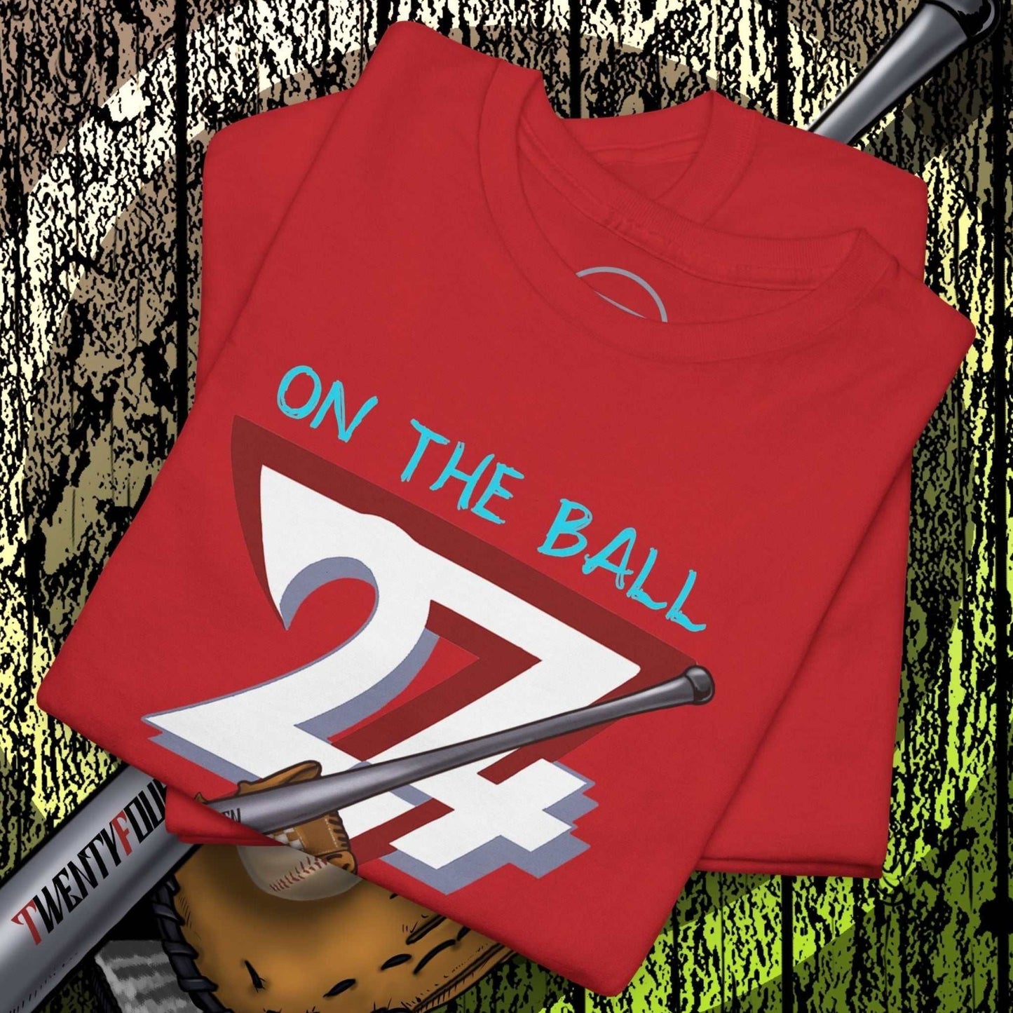 Red Baseball Illustrated Tee with hand-drawn number 24/7 design, baseball bat, and glove graphic on front.