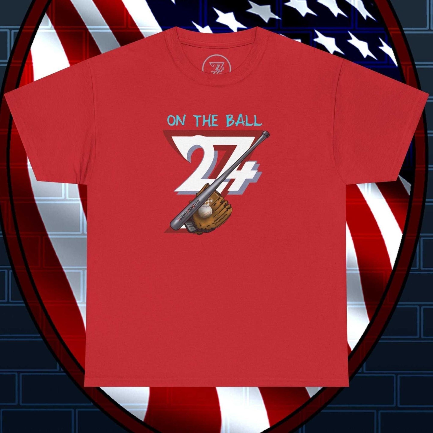 Red Baseball Illustrated Tee with hand-drawn sports design and "On The Ball" text, featuring a baseball bat and glove graphic.