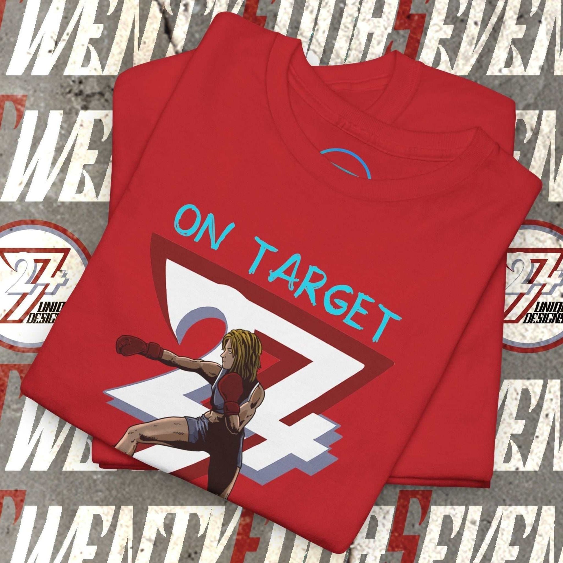 Red Boxer Girl T-Shirt with hand-drawn female boxer and "On Target" text design for combat sports fans