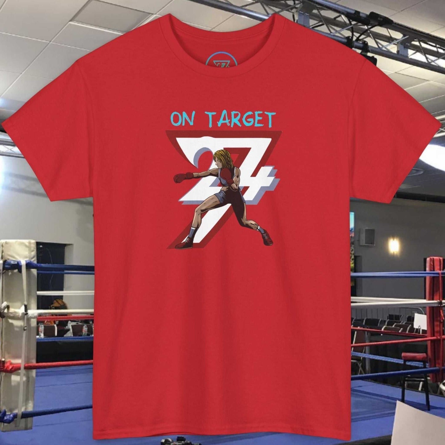 Red Boxer Girl T-Shirt with hand-drawn female boxer illustration and "On Target" text, ideal for fighters and combat sports fans