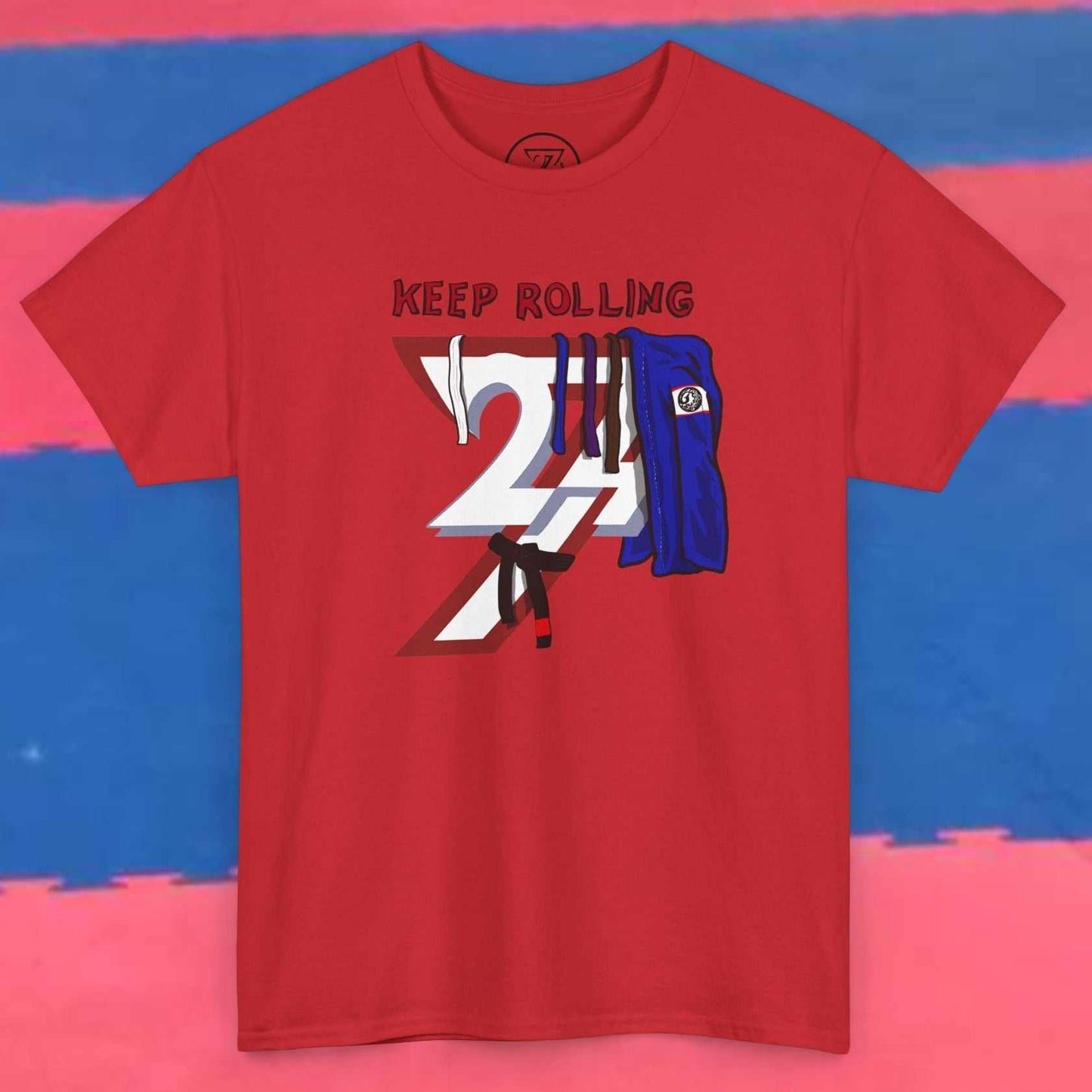 Red Brazilian Jiu-Jitsu t-shirt with "Keep Rolling" graphic and BJJ gi print, made of durable cotton for martial arts training