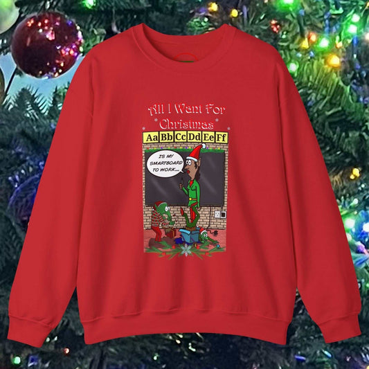 Red Christmas Teacher Comic Sweatshirt with funny cartoon classroom design and holiday theme