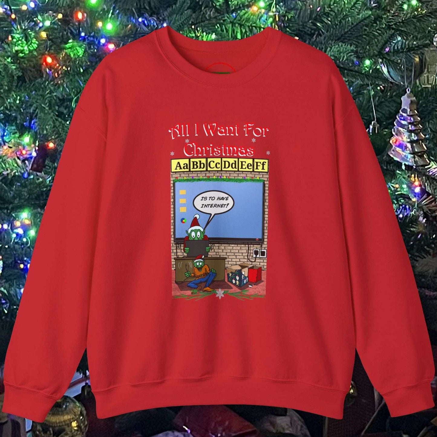 Red Christmas Teachers and Elves Sweatshirt with funny cartoon design and holiday theme