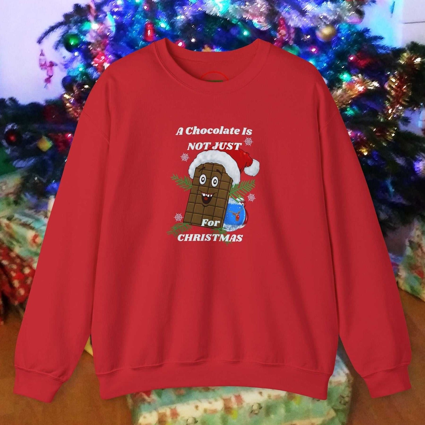 Red Christmas chocolate sweatshirt with funny cartoon chocolate character and festive text design
