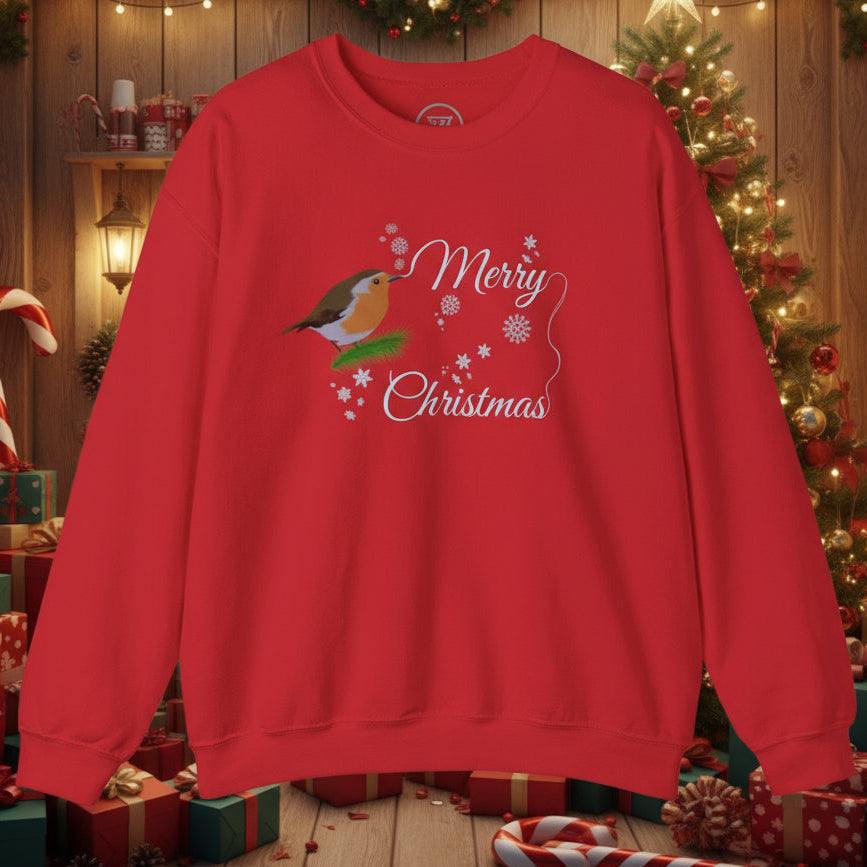 Red Christmas robin sweatshirt with festive bird and snowflake design and "Merry Christmas" text