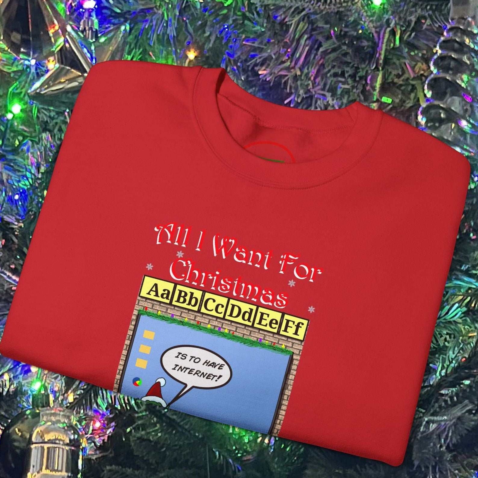 Red Christmas sweatshirt with funny teachers and elves cartoon design, festive holiday gift idea