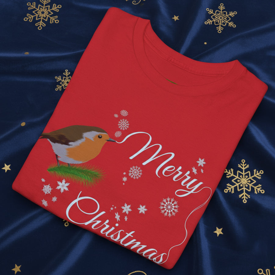Red Christmas tee with hand-drawn robin and Merry Christmas text design