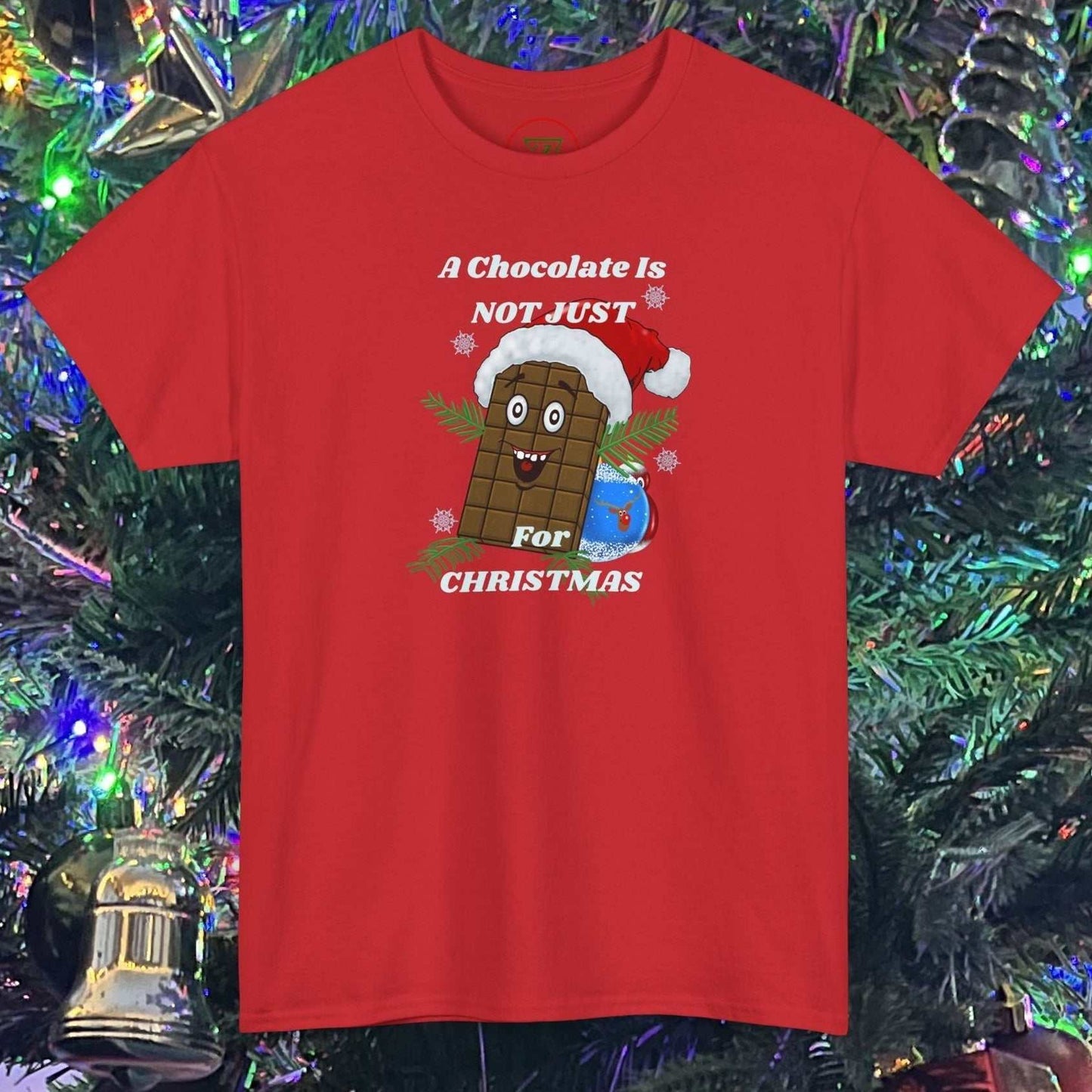 Red Christmas tee with cartoon chocolate bar wearing Santa hat and festive text design