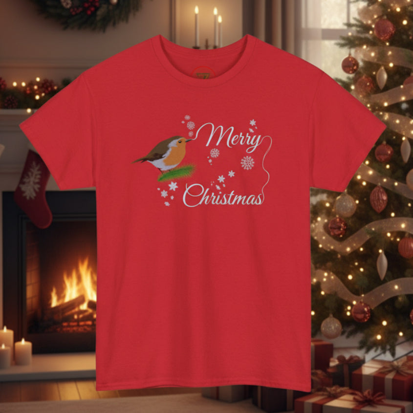 Red Christmas tee with robin and "Merry Christmas" text festive design