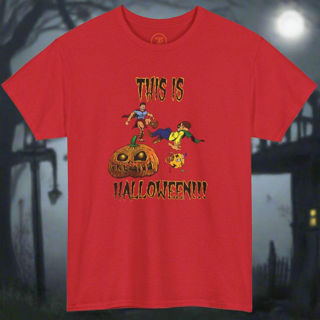 Red Halloween cartoon tee with funny hand-drawn graphic and text "This is Halloween!!!"
