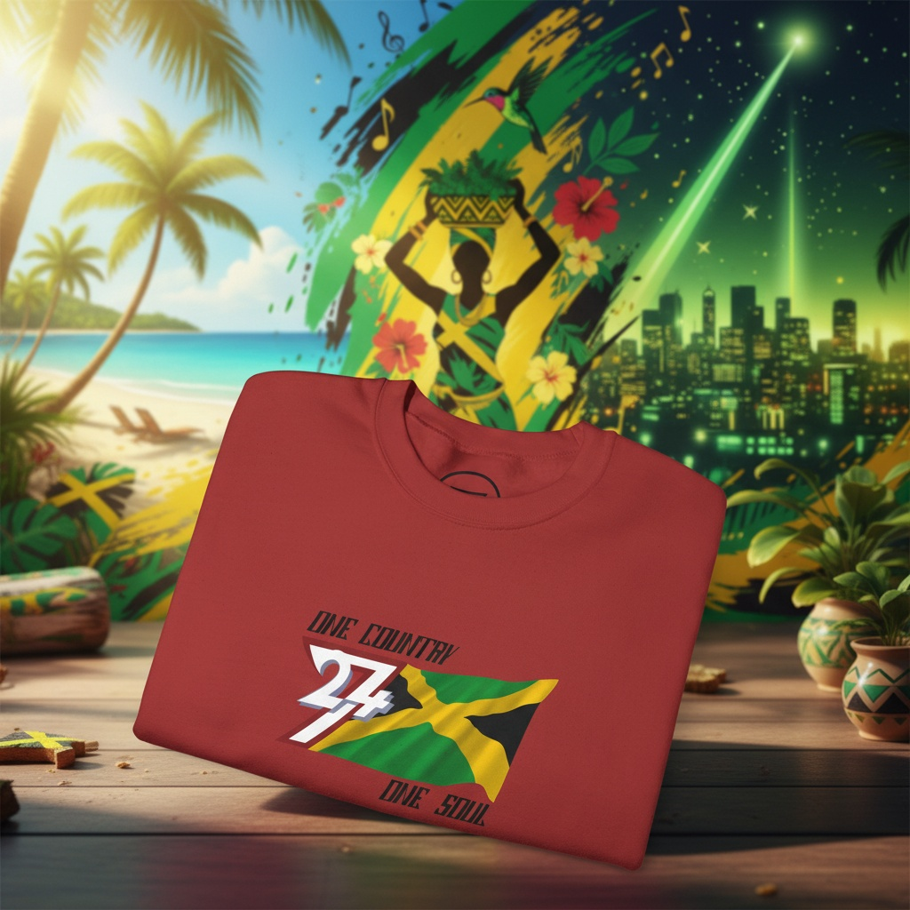 Red Jamaica Flag Crewneck Sweatshirt with "One Country One Soul" text and island-inspired design placed on wooden surface with tropical background