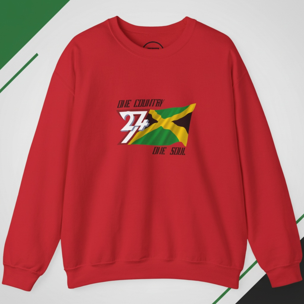 Red Jamaica Flag crewneck sweatshirt with hand-drawn flag illustration and "One country one soul" text on chest
