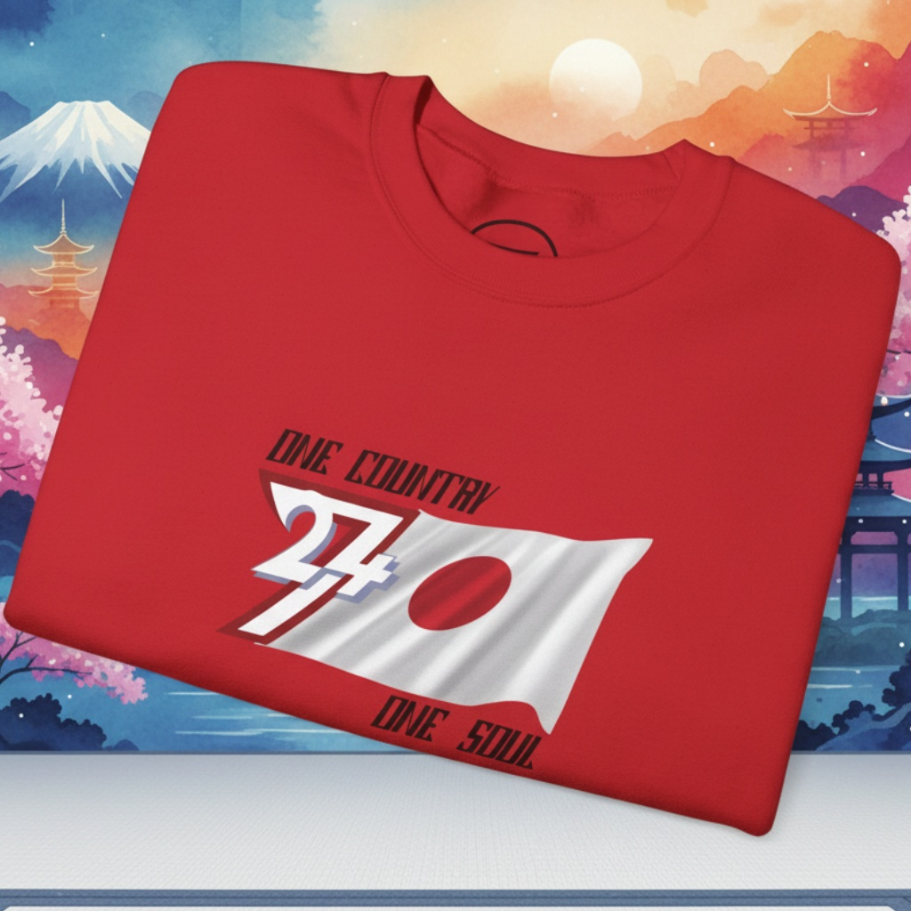 Red Japan Flag Crewneck Sweatshirt with hand-drawn vibrant national flag design and "One Country One Soul" text