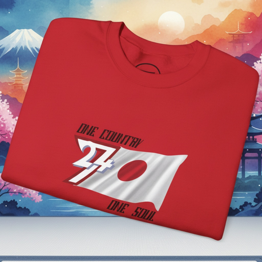 Red Japan Flag Crewneck Sweatshirt with hand-drawn vibrant national flag design and "One Country One Soul" text