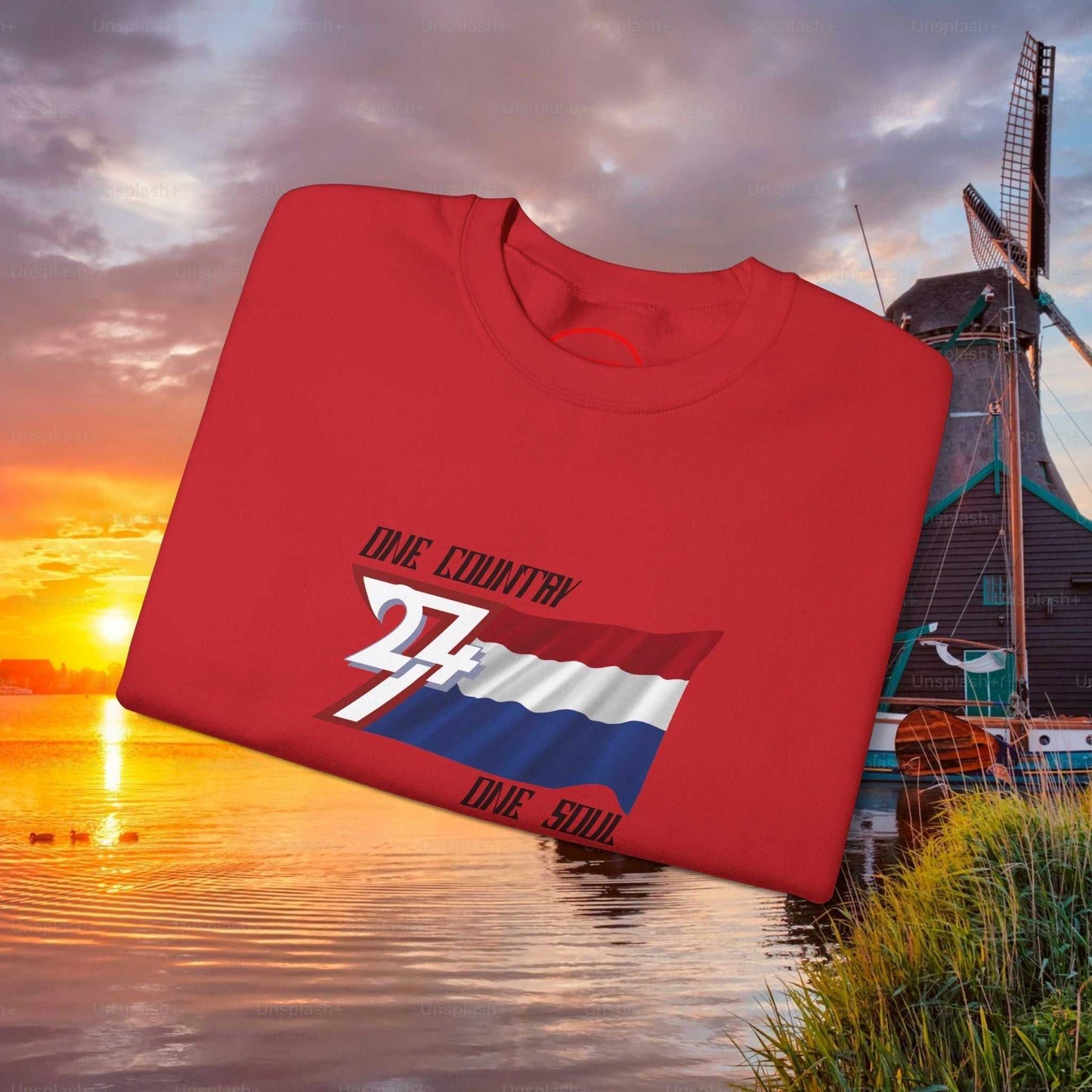 Red Netherlands flag sweatshirt with hand-drawn design and pride text, classic crewneck style