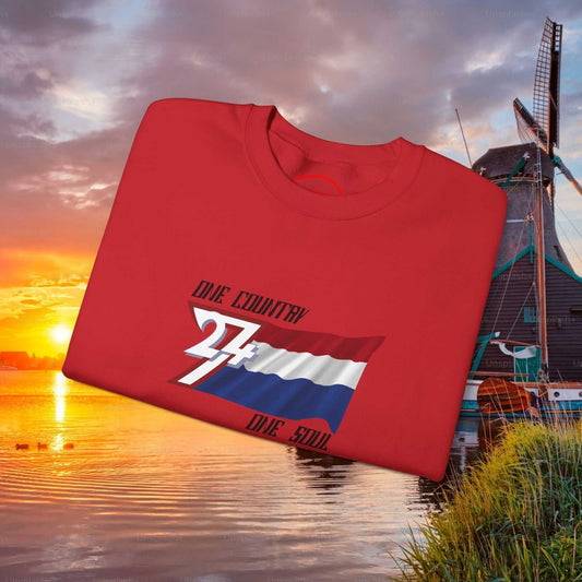 Red Netherlands flag sweatshirt with hand-drawn design and pride text, classic crewneck style