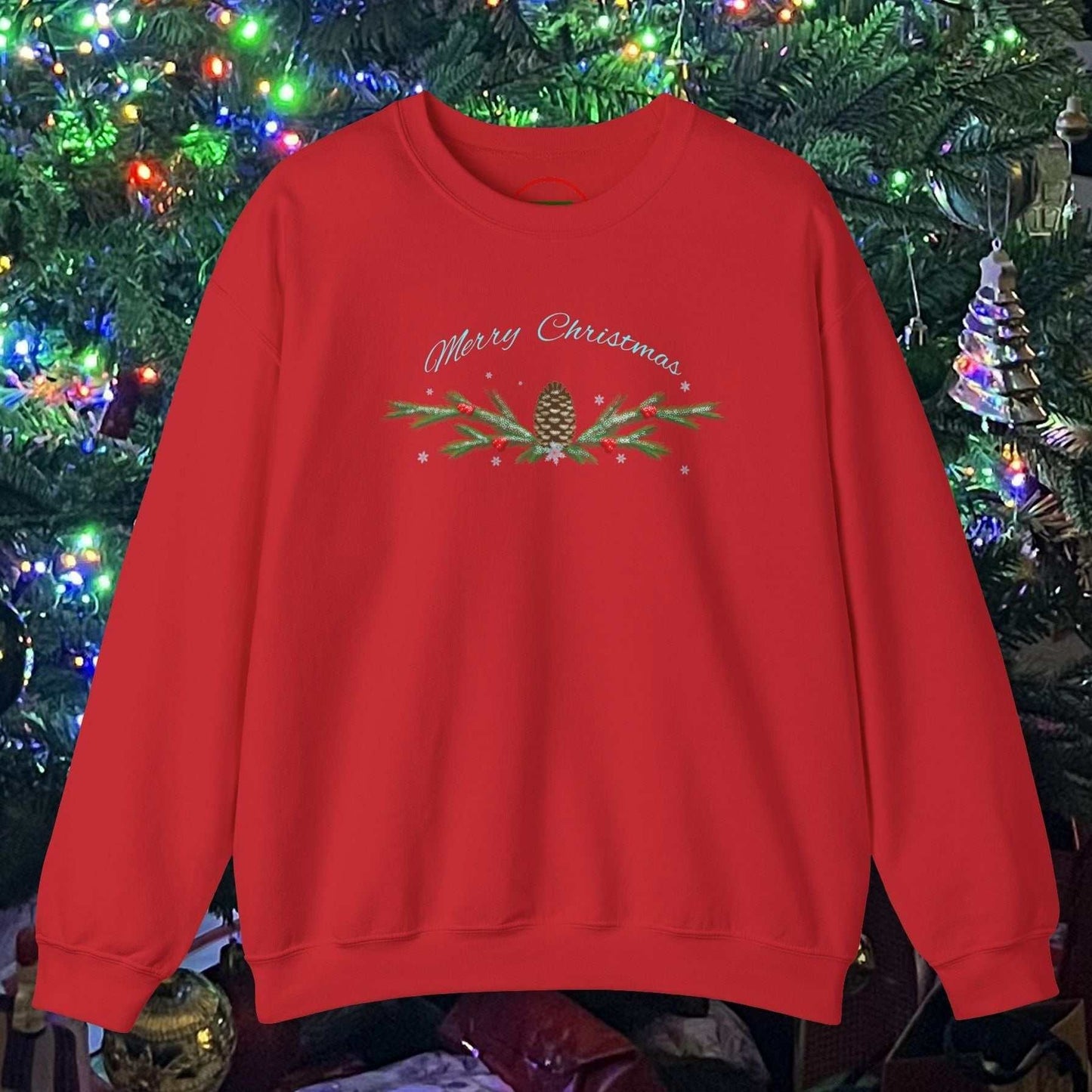 Red Pinecone Christmas Sweatshirt with hand-drawn pinecone and greenery design, cozy festive winter apparel for holiday gatherings