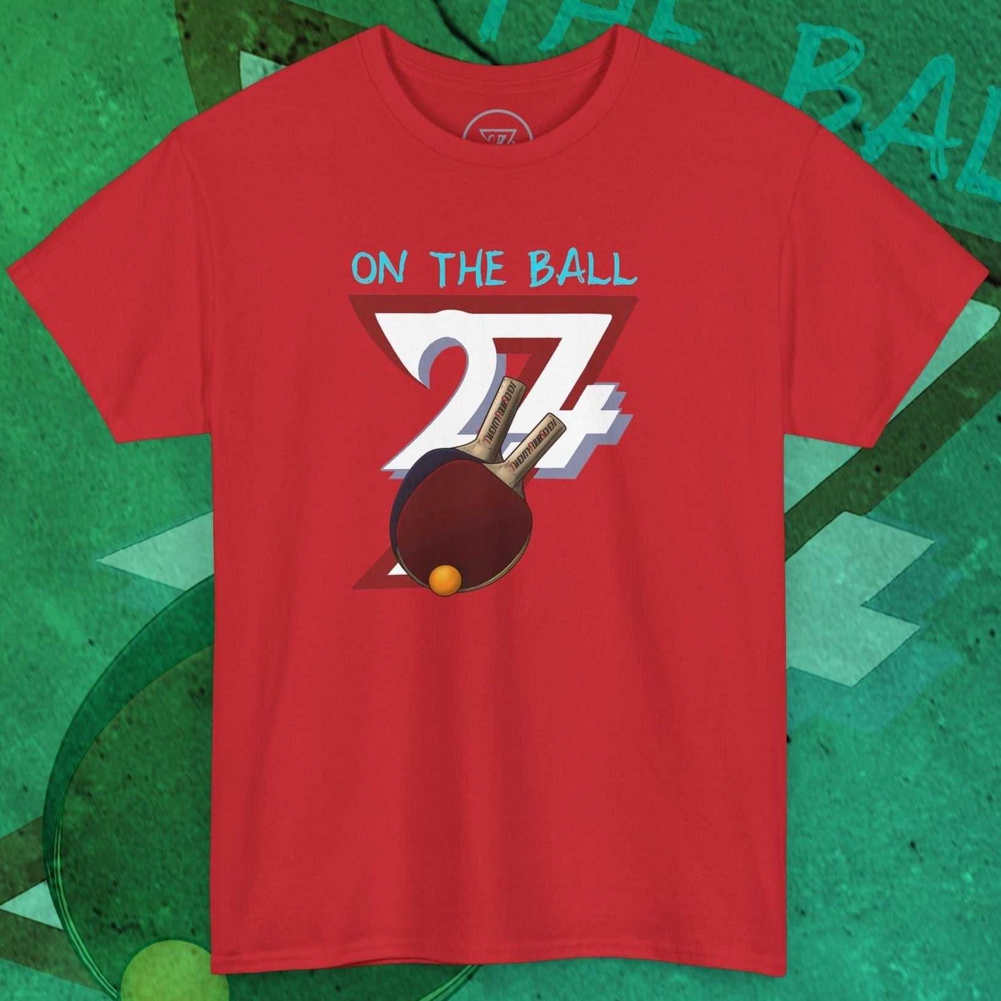Red Ping-Pong T-Shirt with hand-drawn paddle and ball graphic and "On The Ball" text design