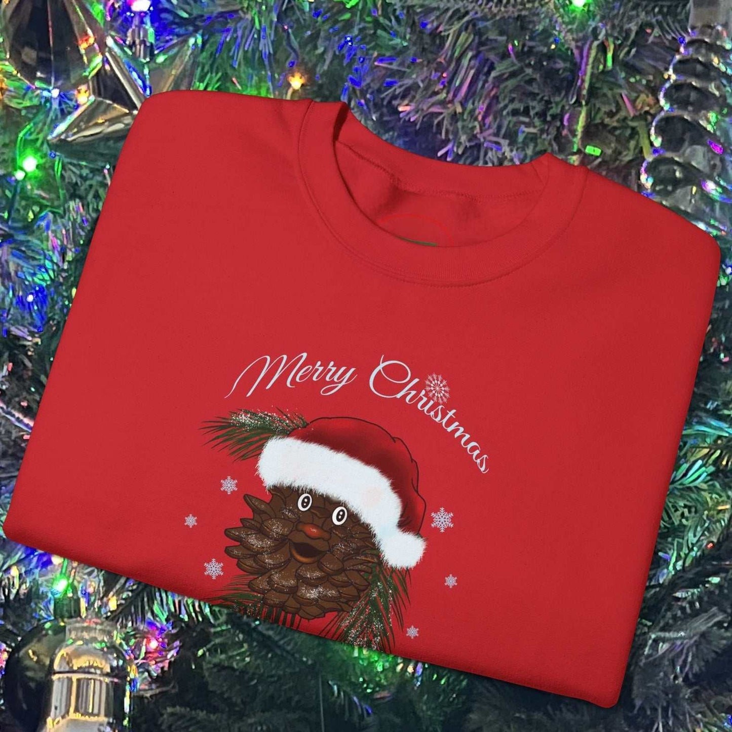 Red Santa Pinecone Christmas Sweatshirt with hand-drawn pinecone wearing Santa hat and "Merry Christmas" text, festive holiday design