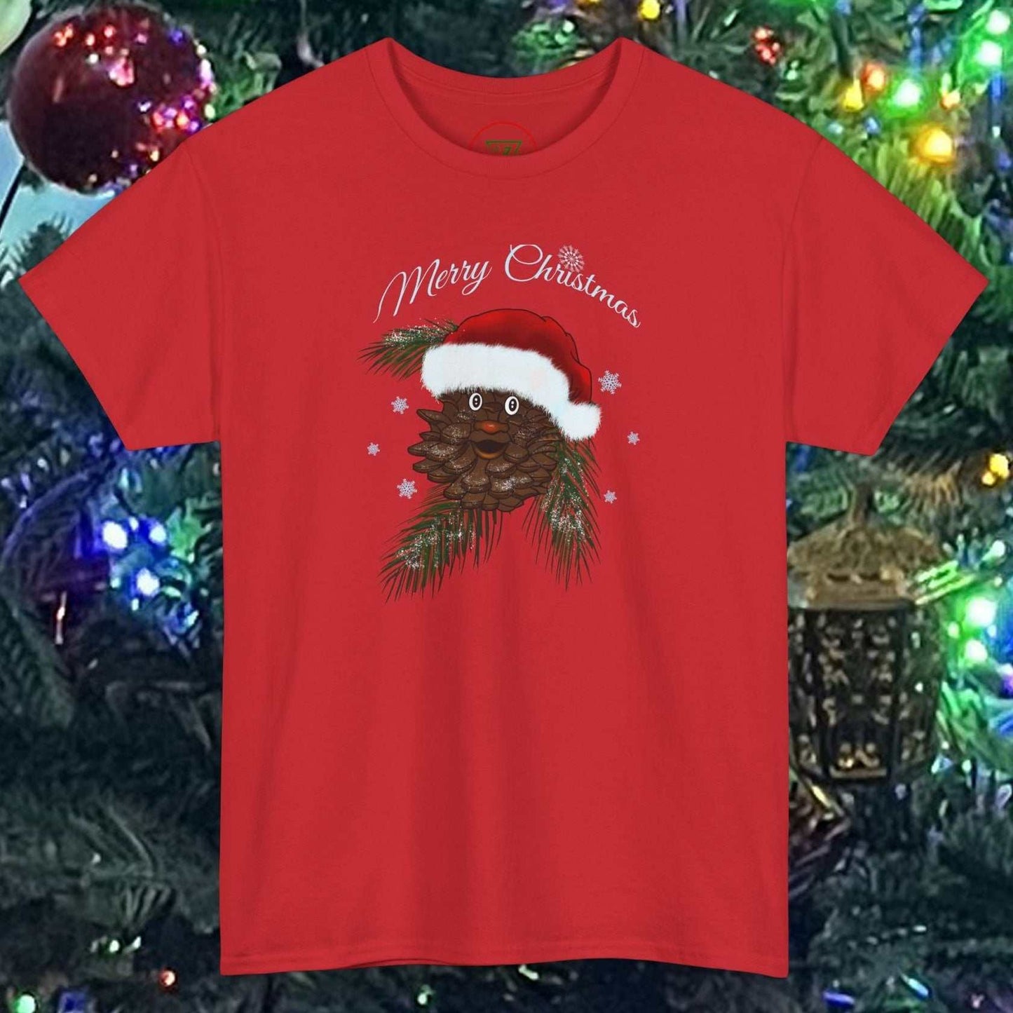 Red Santa Pinecone Tee with hand-drawn pinecone wearing a Santa hat and "Merry Christmas" text, festive holiday unisex t-shirt