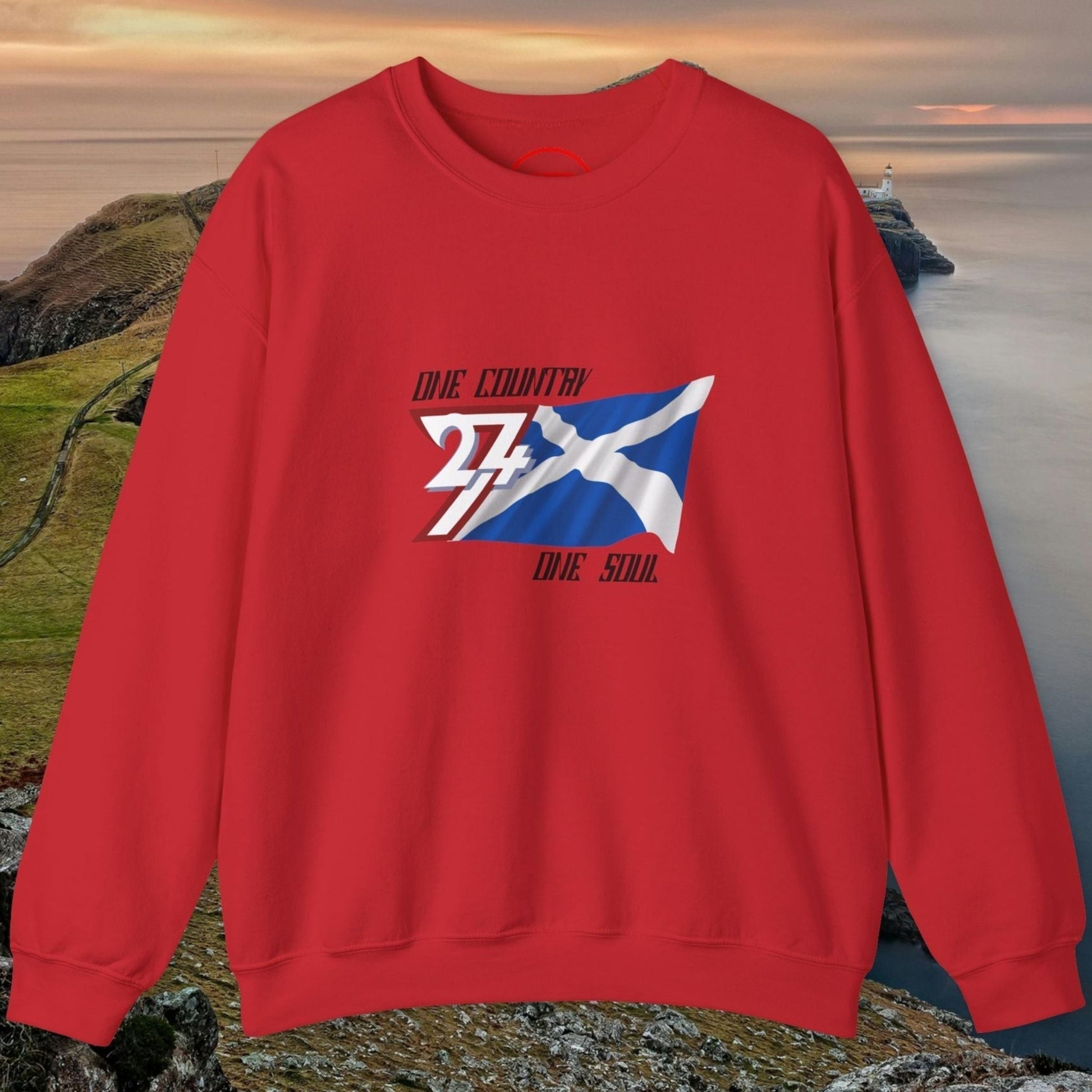 Red Scotland Saltire crewneck sweatshirt with hand-drawn St. Andrew’s Cross design and "One Country One Soul" text on front