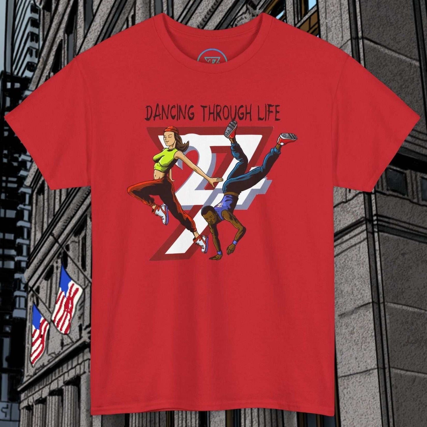 Red Street Dance Comic Art T-Shirt with dynamic hip-hop dancers graphic and "Dancing Through Life" text design