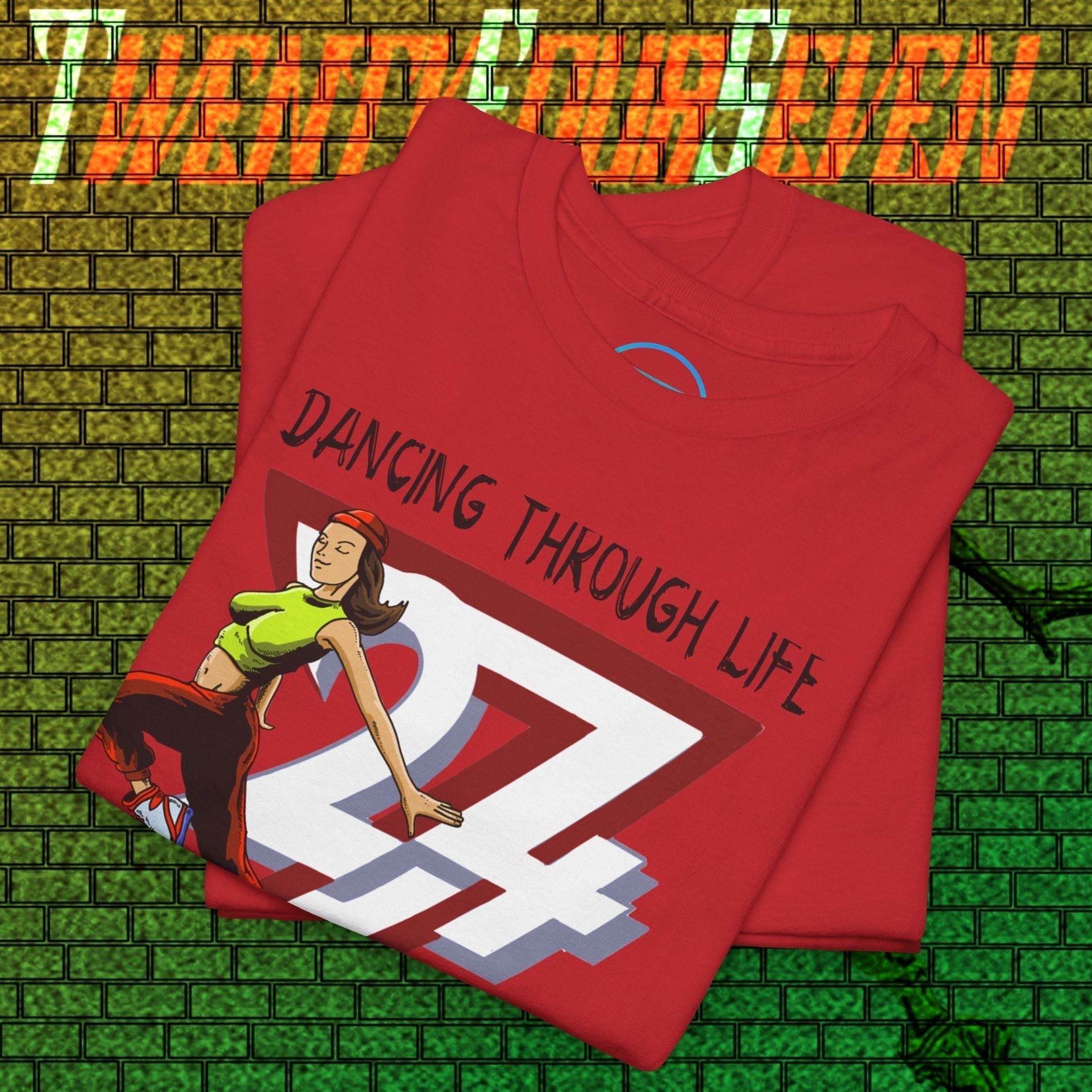 Red Street Dance Graphic Tee with urban hand-drawn dancer illustration and bold comic-style design