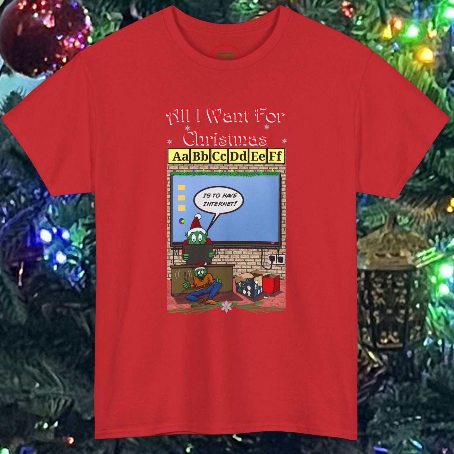 Red Teacher Elf T-Shirt with cartoon Christmas teacher elf and "All I Want For Christmas" text, festive holiday design